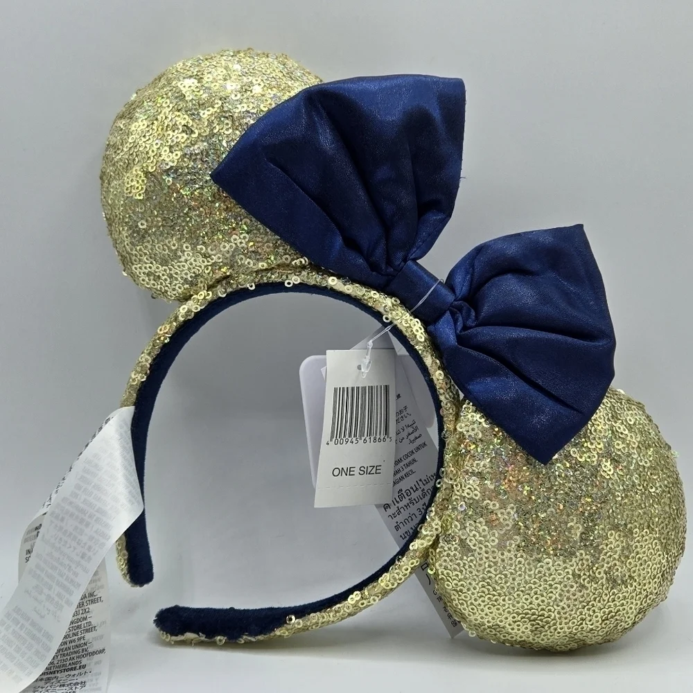 Disney Gold Sequin EARidescent Blue Bow 50th Anniversary Minnie Ear Headband